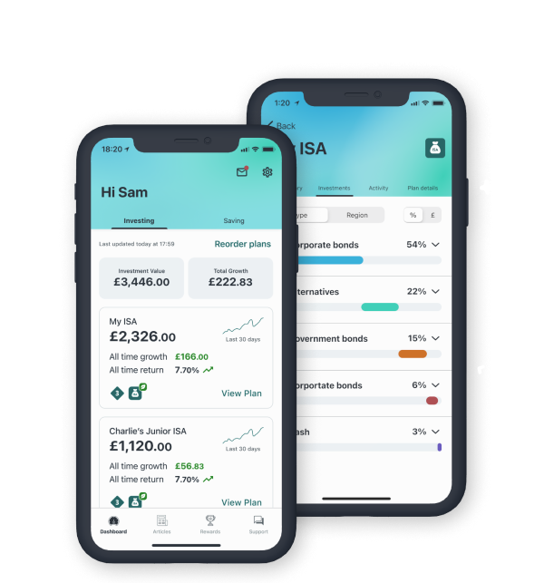 primebroker performance and investments dashboards on iPhone, showing a plan with healthy performance and stocks categorised by stock type and region. Information provided does not show actual performance and is not intended to show potential investment growth.