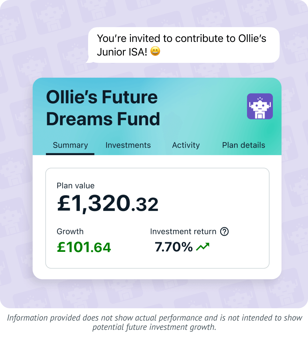 Prime Broker plans on dashboard showing a Junior ISA. Information in the image provided does not show actual performance and is not intended to show potential investment growth.