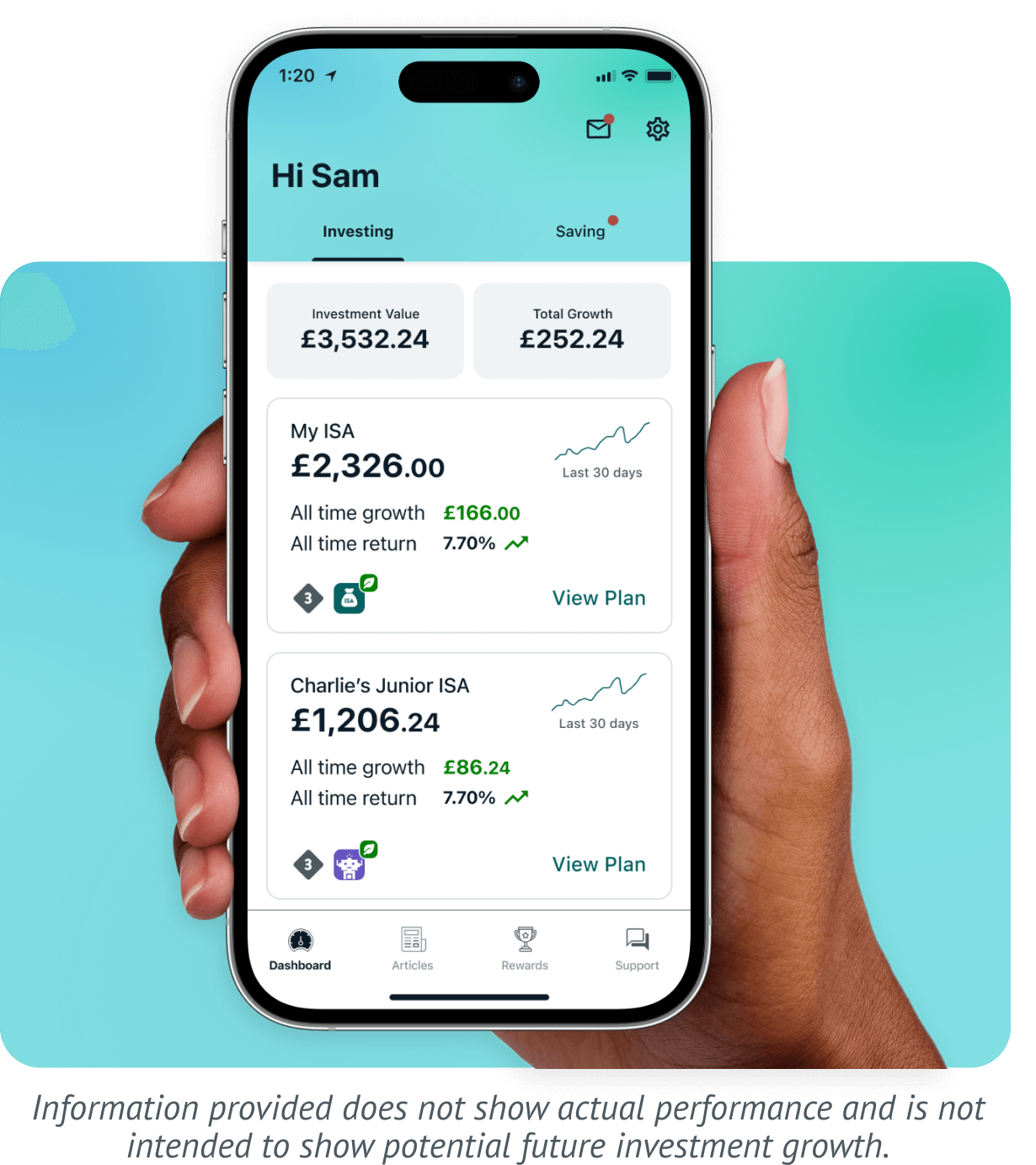 primebroker plans on dashboard showing investments separated by type. Information provided in this image does not show actual performance and is not intended to show potential investment growth.